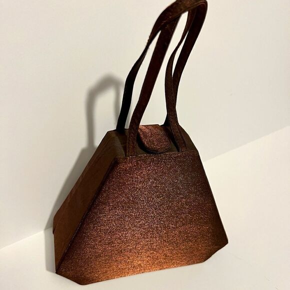 Super Unique Vintage 80s / 90s Brown 3D Trapeze Metallic Cloth Evening Handbag - Picture 6 of 8